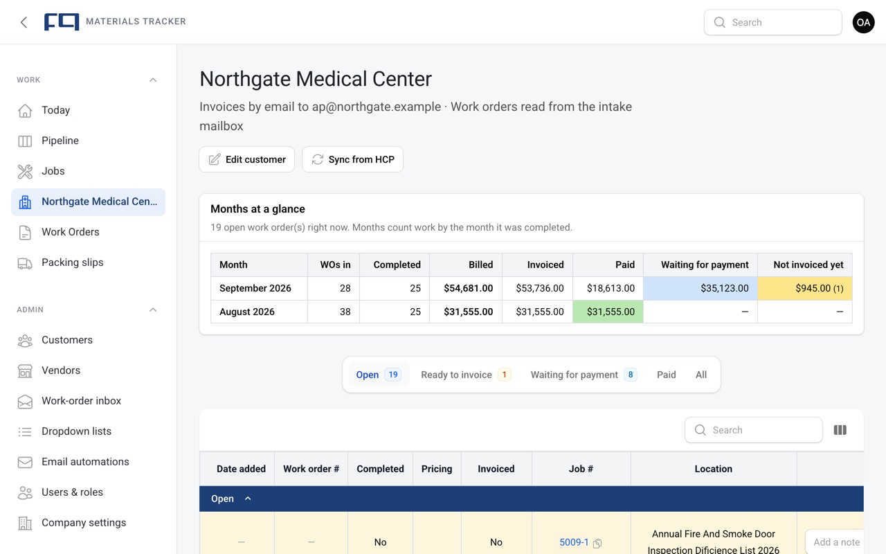 A key customer's page in the tracker: a months-at-a-glance table of work orders, billed, invoiced and paid, above color-coded open work orders.