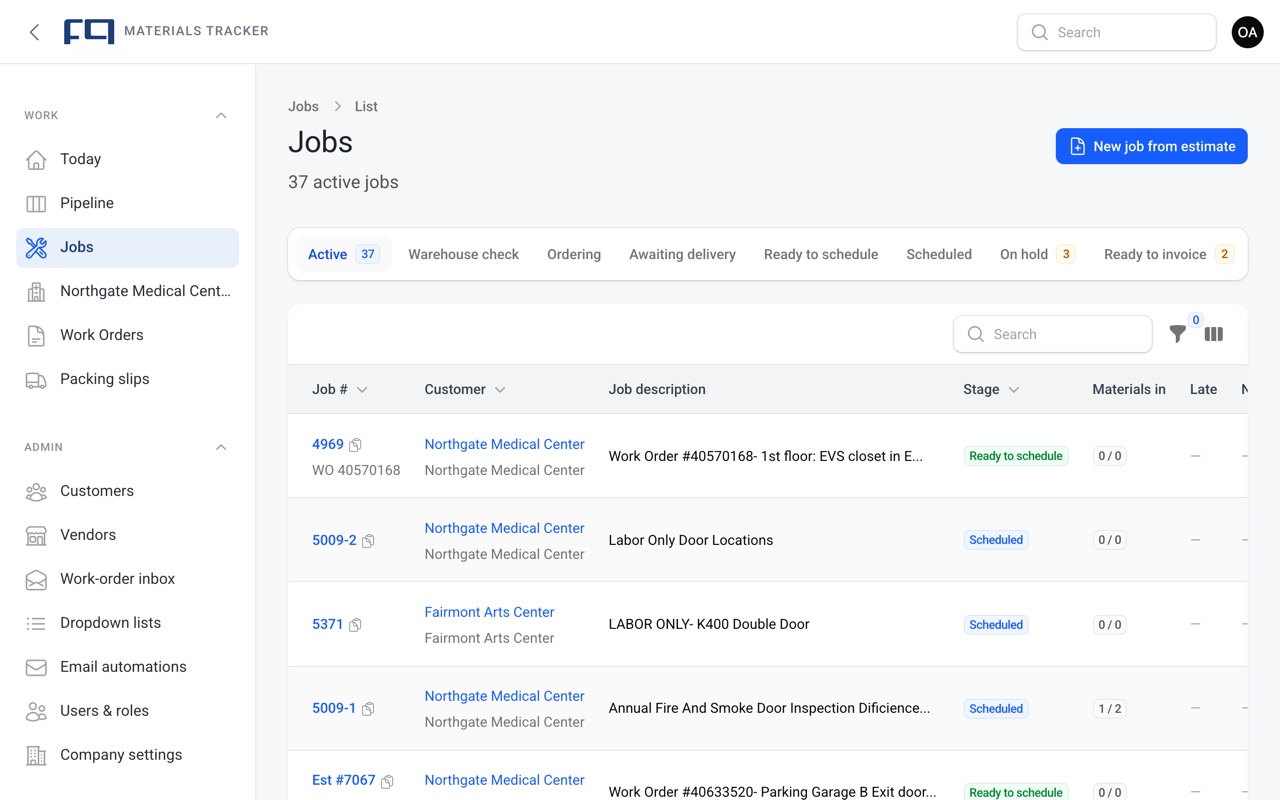 The tracker's Jobs list with tabs for each stage, Ready to invoice and On hold, and each job's customer, description, stage and materials received.